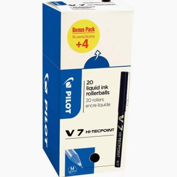 Pack of 20 (16 + 4 Free) Pilot V7 Hi-Tecpoint Medium Tip 0.7mm Black Rollerball Pens