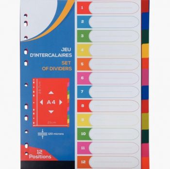 Jeu de 12 intercalaires en polypropylène 12/100ème format A4 couleurs assorties