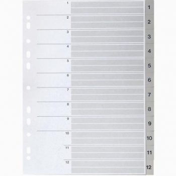 Jeu de 12 intercalaires numériques en polypropylène 12/100ème format A4 coloris gris