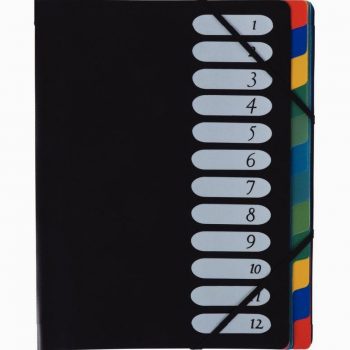 Trieur en polypropylène 12 compartiments, fermeture par élastiques, couverture coloris noir