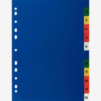 Set of 12 colored polypropylene numeric dividers, 21x29.7 cm, with printed tabs