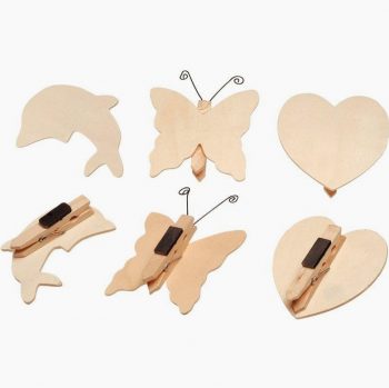 Set of 12 Magnetic Wooden Memo Holders in 3 Unique Shapes: Butterfly, Dolphin, Heart