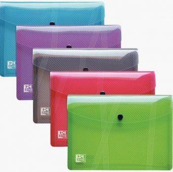 Paquet de 5 enveloppes en polypropylène pour format A5 fermeture par bouton pression couleurs assorties