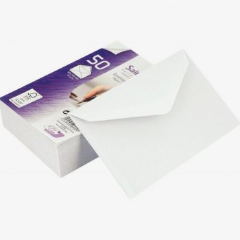 Set of 50 white business envelopes, 90x140 mm, 100gsm, gummed closure