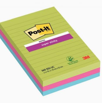 Set of 3 Lined Super Sticky Note Pads, 90 Sheets Each, Size 101 x 152 mm