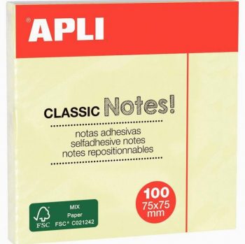 Bloc de 100 feuilles notes adhésives repositionnables, 75 x 75 mm, jaune