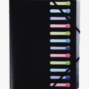 Trieur en polypropylène avec 3 rabats et élastiques 12 compartiments coloris noir