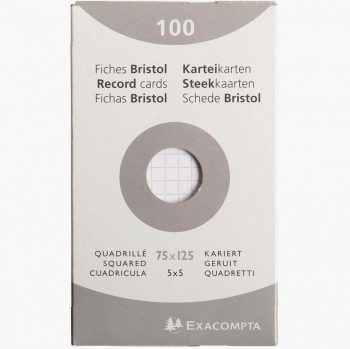 Set of 100 strong white unpunched Bristol cards, 205 gsm, grid ruled 5x5 mm, size 7.5 x 12.5 cm