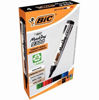 Set of 4 Bic Permanent Markers, Chisel Tip, Assorted Colors: Blue, Black, Red, Green