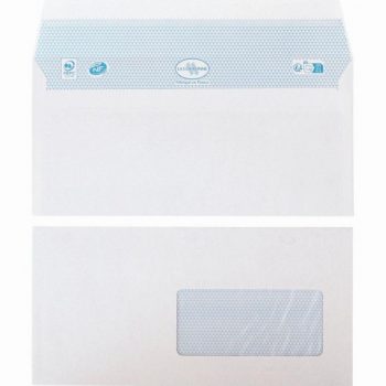 Box of 50 white DL envelopes 110x220 mm, 80gsm with 45x100 mm window and silicon strip