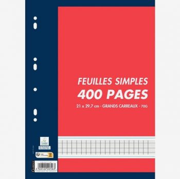 Sachet de 200 feuillets mobiles perforés (400 pages) format A4 séyès, papier blanc 70g