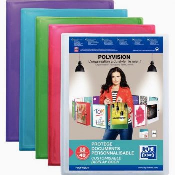 Protège-documents personnalisable 80 pochettes 160 vues pour format A4 21x29,7 cm 5 couleurs assorties: bleu incolore rose violet vert