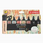 Set of 8 STABILO BOSS highlighters with universal water-based ink, assorted colors including lime green, rust orange, iced brown, taupe gray, eucalyptus green, rosy beige, and 2 black markers