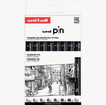 Set of 8 Uni Pin Markers with Mixed Tips and an Extra Black Brush Pen