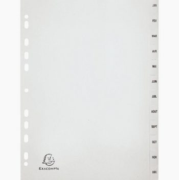 Jeu de 12 intercalaires mensuels en polypropylène gris recyclé, format A4