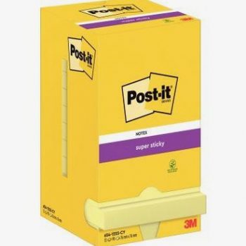 Pack of 12 Super Sticky Post-it pads, 90 sheets each, 76 x 76 mm, yellow color