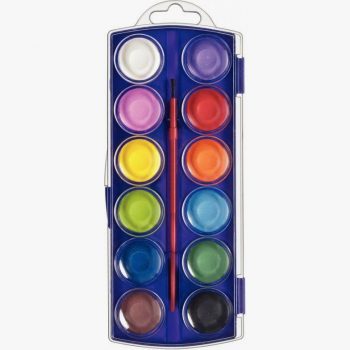 Set of 12 assorted color 30 mm gouache tablets with brush