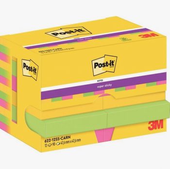 Set of 12 Super Sticky Post-it Pads, 476 x 476 mm, Carnival Colors: Neon Yellow, Neon Green, and Neon Pink