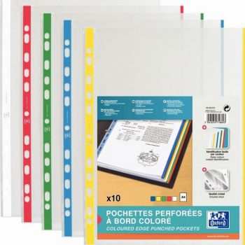 Pack of 10 A4 polypropylene punched pockets, assorted colored edges, 90 microns