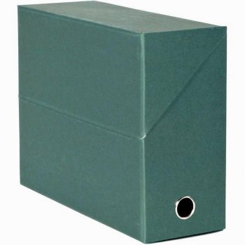 Cardboard transfer box with dark green matte paper cover, 12 cm spine