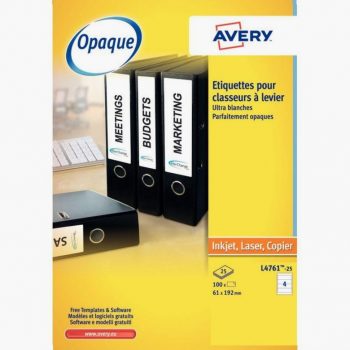 Paquet de 100 étiquettes adhésives pour dos de classeurs, format 19,2 x 6,1 cm