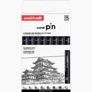 Set of 8 Uni Pin Odd-Size Tip Markers plus Black Brush Pen