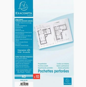 Pack of 10 smooth polypropylene punched pockets 9/100 A3 size