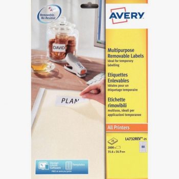 Pack of 2000 removable white labels, size 35.6 x 16.9 mm
