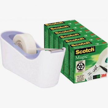 Set of 1 lavender blue and white C18 tape dispenser with 6 rolls of Scotch Magic tape 19mm x 33m