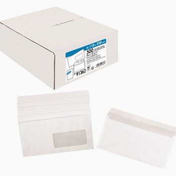 Pack of 500 white DL envelopes 110x220 mm, 80gsm, window 45x100 mm, with peel-and-seal strip