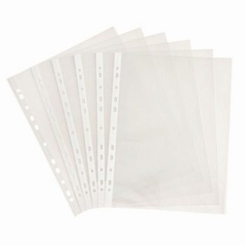 Pack of 100 grained polypropylene perforated sleeves, A4 size, 5/100 thickness, for filing