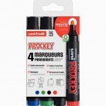 Set of 4 assorted color chisel tip markers in a box