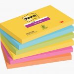 Set of 6 Super Sticky Post-it Pads, 90 Sheets Each, 76x127mm, CARNIVAL Colors: Yellow, Turquoise, Green, Neon Pink, and Orange