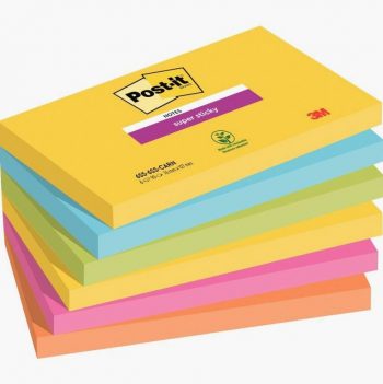 Set of 6 Super Sticky Post-it Pads, 90 Sheets Each, 76x127mm, CARNIVAL Colors: Yellow, Turquoise, Green, Neon Pink, and Orange